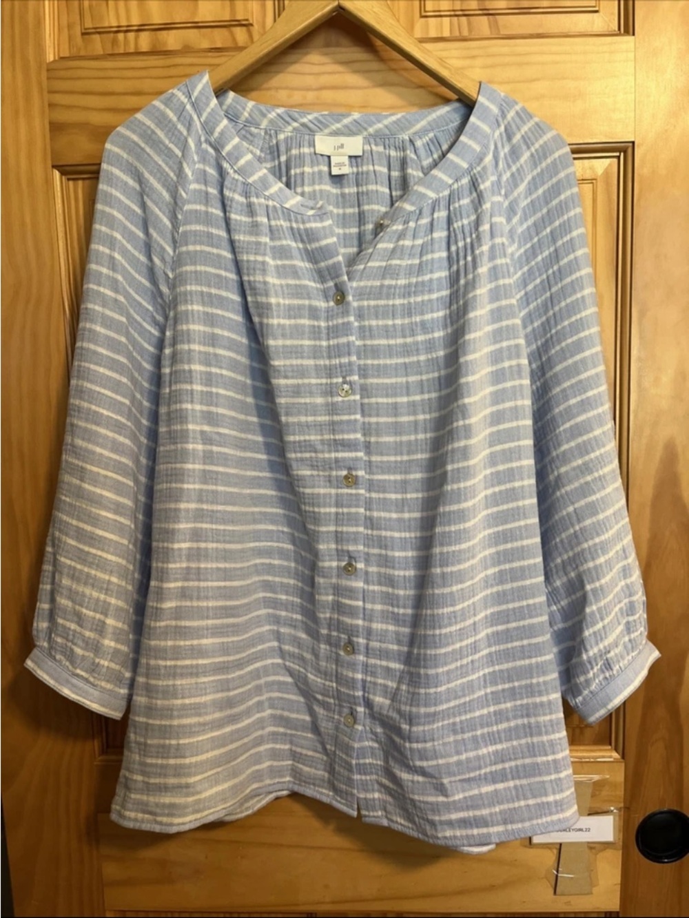 J. Jill Light Blue and White Striped Button-Front Blouse Gauze M